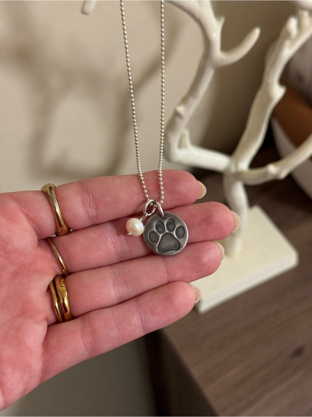 Silver Paw Print Pendant Necklace with Pearl Charm